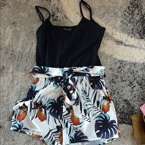 Navy top with Tropical Print Shorts
